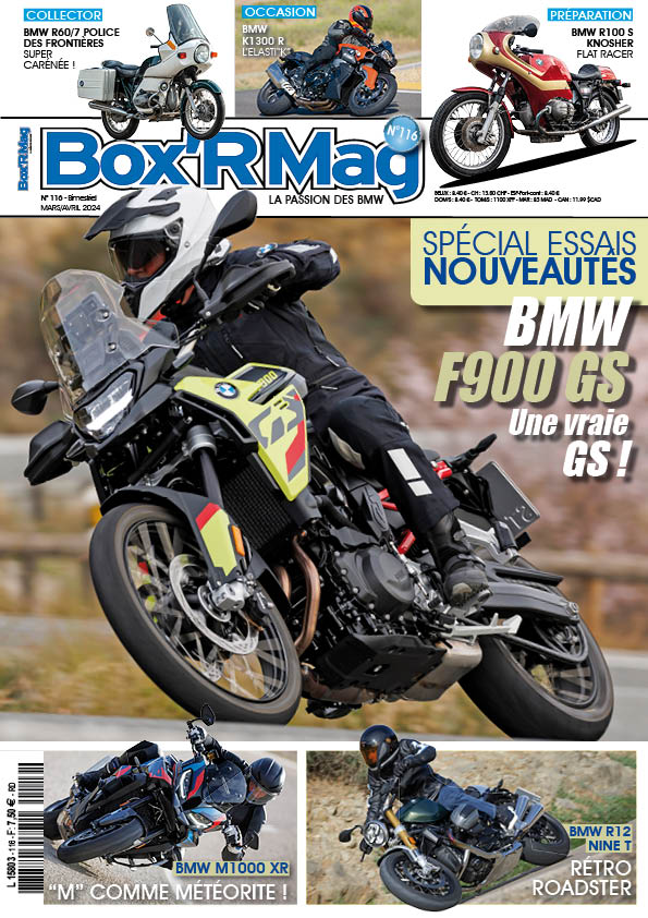 Couverture-BoxR-Mag-numero-116-mars-avril-2024-BMW-moto-R1300 GS-R1250 GS-R1250 RT-R1250RS-K1600-CE04- S1000RR-M1000RR-M1000XR